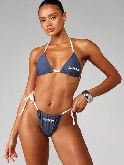 Missguided x Playboy 海军蓝吊带比基尼套装，白色撞色肩带，印花夏季沙滩泳装两件套