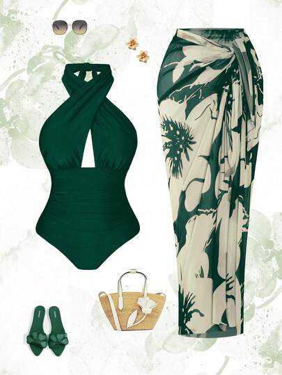Swim Oasis Plus Size Women 2pcs Set Halter Backless One Piece Swimsuit With Random Print Long Beach Cover Up Skirt, Vacation Casual Swimwear Set, Tropical Outfit, Green Vacation Outfit, Green Outfit Women, Havana Nights Outfit