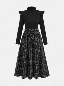 少女优雅通勤休闲泡泡袖条纹格纹中长连衣裙，系带细节，吊带裙，女童连衣裙，黑色女童连衣裙，荷叶边下摆女童连衣裙，返校季，春节，派对 - 黑色 - 查看 3