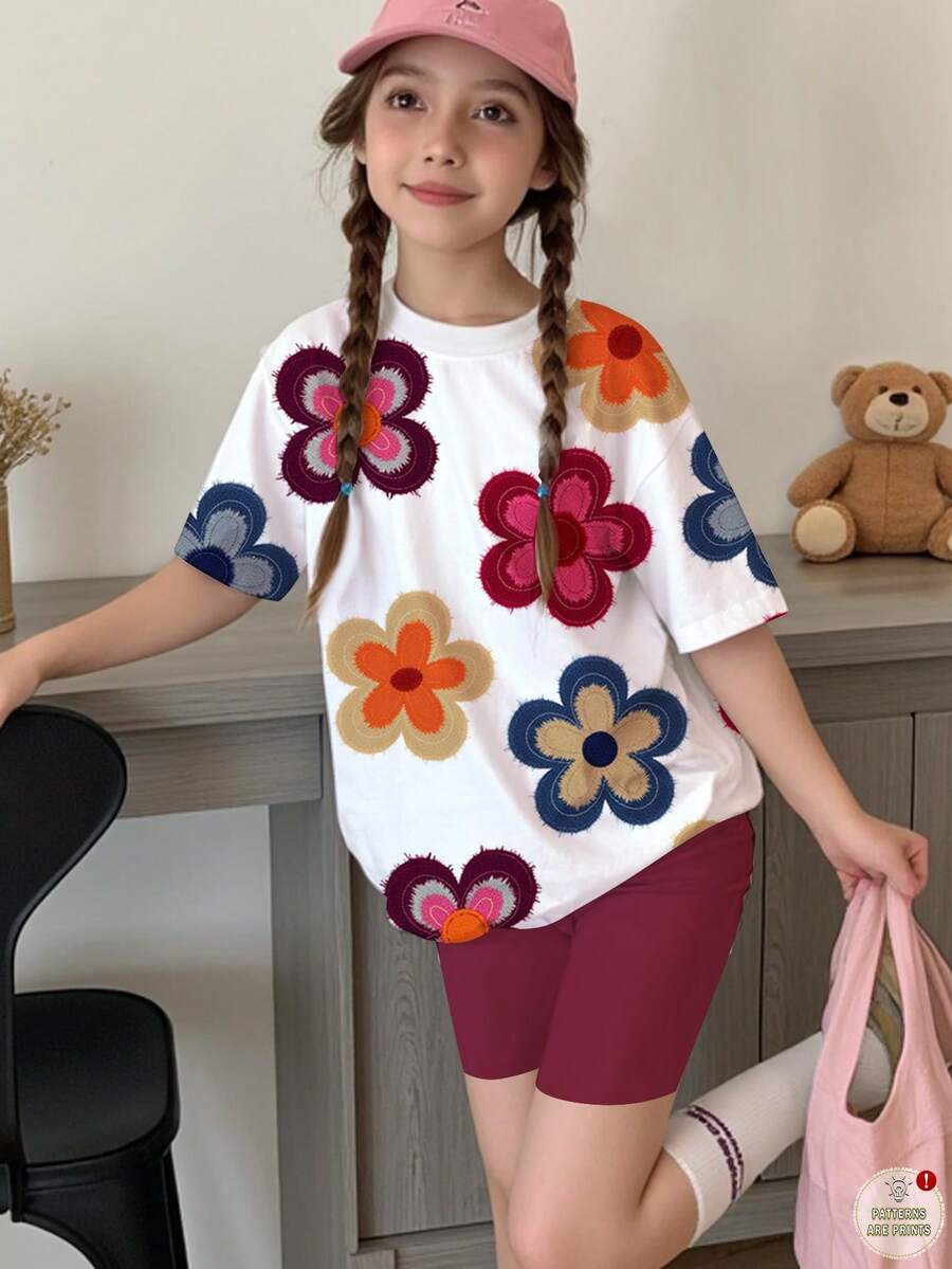 2pcs Tween Girls Casual Cute Textured Ditsy Floral Set - Red Retro Floral Shorts & Tee, Suitable For Summer, Vacation, Outings, Kids Fall Fashion, Kids Cozy , Sweet Style, Affordable Fashion, Weekend Outfits, Back To School Fashion, Blossom Vogue, Fall New Style, Y2K, Girls Outfit Sets, Two Pieces Set, Tween Girl Clothes, Sets For Kids, Floral Pop Teenager Girl Short Shirt For Summer Flower Set Summer Outfit Kids Flower Shirt Girls Flower Shirt Tween Flowered Blouse Tween - Multicolor - View 1