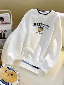 Resyla Women's Bear Embroidery Crew Neck Long Sleeve Casual Top - White - View 1