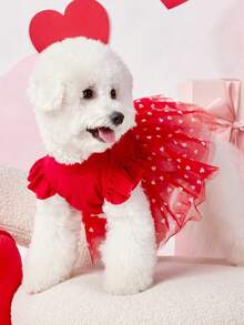 PETSIN 1pc I WOOF YOU Red Heart Pattern Mock Neck Lantern Sleeve Flocked & Mesh Pet Dog Dress, Valentines Luxury Outfit - Red - View 3
