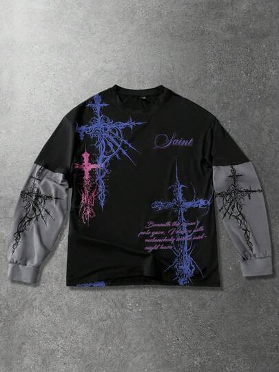 Street Life Camiseta de manga larga con estampado de cruz vintage gótica para hombres 2 en 1