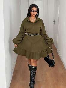 Maweii 大码长袖休闲优雅复古设计连衣裙 - 軍綠色 - 查看 7