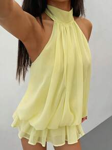 SHEIN PETITE Váy ngắn buộc dây màu vàng nhạt thanh lịch dành cho nữ, phù hợp cho tiệc tùng, hẹn hò, thu/đông, xuân/hè - Màu vàng - Xem 7