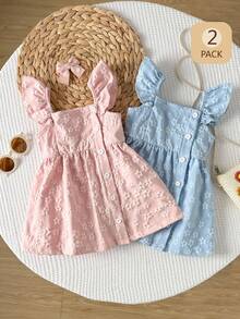 SHEIN Playful Pals 2pcs Baby Girls' Pink & Blue Sleeveless Floral Jacquard Casual Cute Elegant Fashion Dress & Skirt Set, Suitable For Summer Daily Outings, Travel, Birthday Party - Multicolor - View 1
