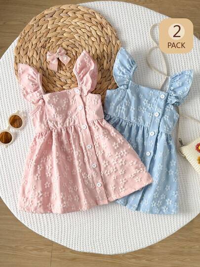 SHEIN Playful Pals 2pcs Baby Girls' Pink & Blue Sleeveless Floral Jacquard Casual Cute Elegant Fashion Dress & Skirt Set, Suitable For Summer Daily Outings, Travel, Birthday Party