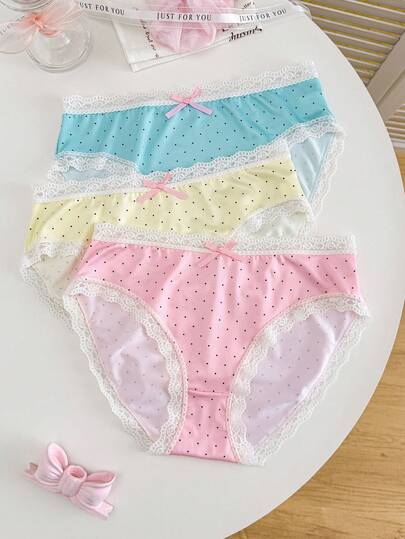 3pcs/Set Cute Polka Dot Lace Bow Decor Girls' Panties