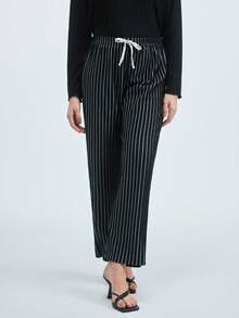 2件套女士夏季休闲褶皱竖条纹冰丝针织睡衣舒适裤，春夏秋季，秋冬服装