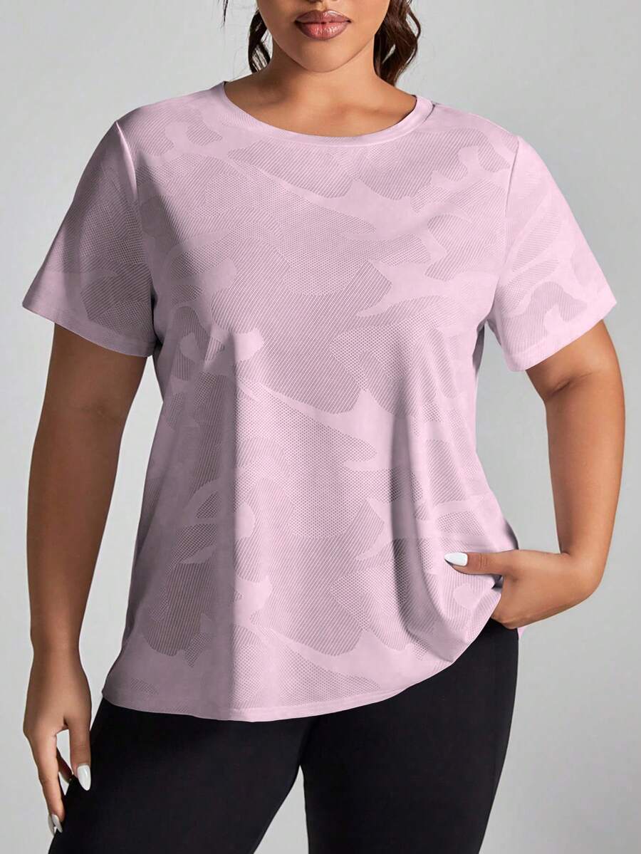 Easithlete Plus Size Solid Color Breathable Crew Neck Short Sleeve Athletic T-Shirt - Pink - View 1