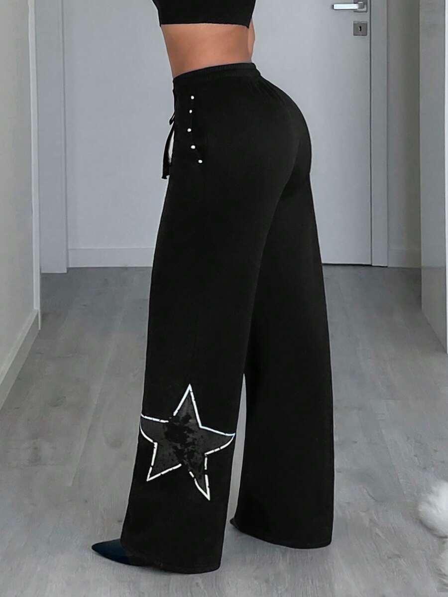 Jeanoix Women's Fashionable Commuter Star Print Sweatpants - Black - View 1