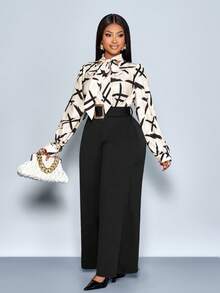 SOLERSUN 大码女装时尚条纹印花蝴蝶结长袖衬衫搭配宽松纯色腰带金属装饰长款阔腿裤两件套，简约气质两件套，职场通勤复古风，适合日常休闲穿着、野餐、约会、音乐节、情人节、毕业季、派对等场合。女士秋季服装，秋冬季必备。 - 黑色 - 查看 5