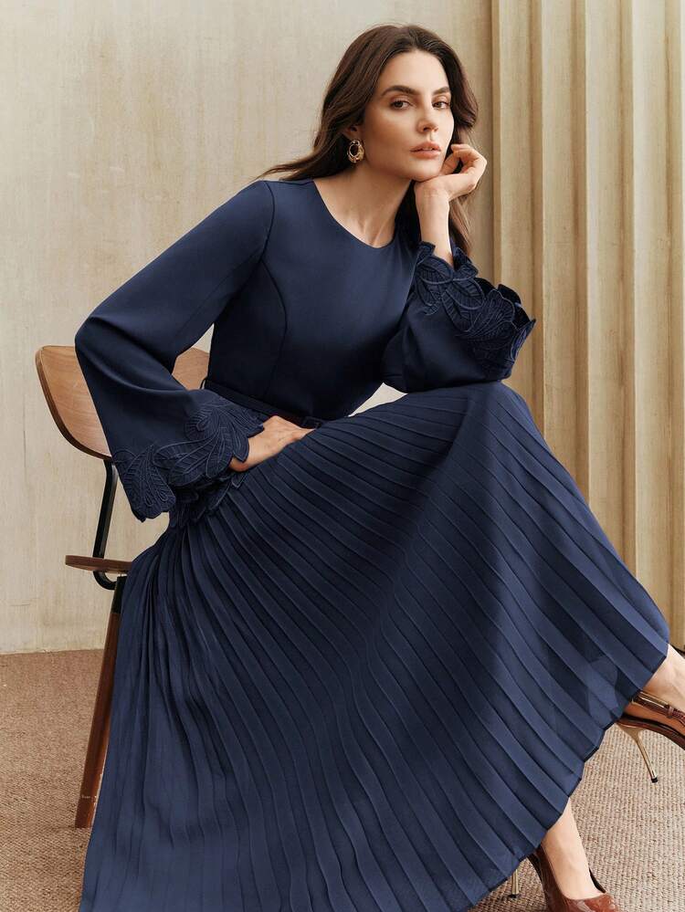 Women's Vintage Elegant Embroidered Waist Pleated Dress, Cozy Fall And Winter Clothes, Navy Blue
