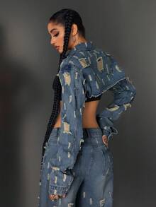 Jeanoix Women's Lapel Distressed Design Super Short Fashionable Versatile Vacation Long Sleeve Denim Jacket Y2k Clothes Women Tops Jeans Top - Blue - View 2