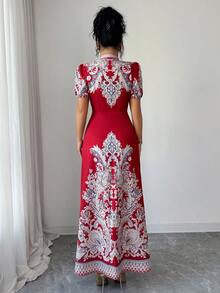 SHEIN Elenzya 2025新款女士深红色优雅性感V领开衩下摆修身长裙，适合女士婚礼、正式晚宴、派对、约会、情人节等场合（花卉图案） - 紅色 - 查看 2