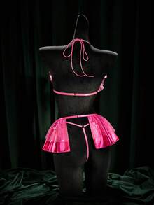 SpicyHot 3pcs Sexy Mesh Sheer Sequin Lace-Up Women's Lingerie Set Lingerie Set Bow Front Exotic Dance Wear Hot Pink Lingerie Set Fantasy Lingerie Costume Exotic Dancer Outfits, Lingerie For Women,Sexy,Valentine's Day,Sexy Lingerie, - Hot Pink - View 2