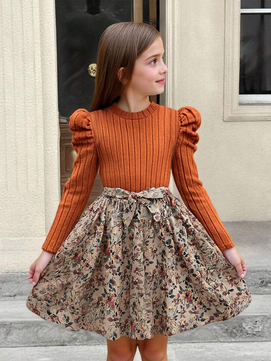 SHEIN Tween Girls 棕色波西米亚针织圆领羊腿袖长袖拼布碎花连衣裙,适合秋冬季,冬季度假连衣裙,美拉德拼色连衣裙,感恩节穿搭 - 棕色 - 查看 1