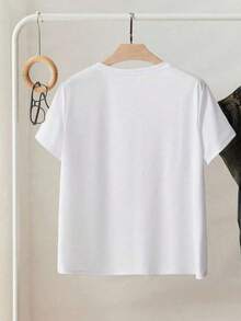 Camiseta de manga corta holgada de cuello redondo con gráfico de Corazon pequeño, perlas, camiseta informal de algodón mezclado para mujer - Blanco - Ver 2