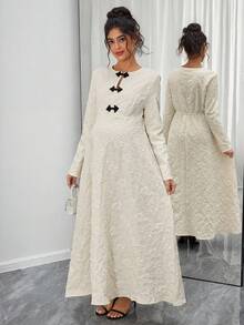 Momance Elegant Contrast Color Button Jacquard Long Sleeve Dress - Apricot - View 4