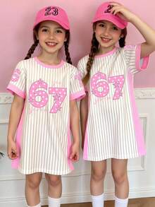 SHEIN 夏秋两季少女休闲时尚创意个性清新简约别致数字67、星星、竖条纹、标语印花舒适短袖T恤裙，适合女孩的温暖夏秋装扮 - 卡其色 - 查看 3