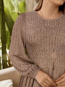 EMERY ROSE Plus Solid Lantern Red With Sleeves Sleeve Ribbed Knit Winter Dress - Brown - View 5