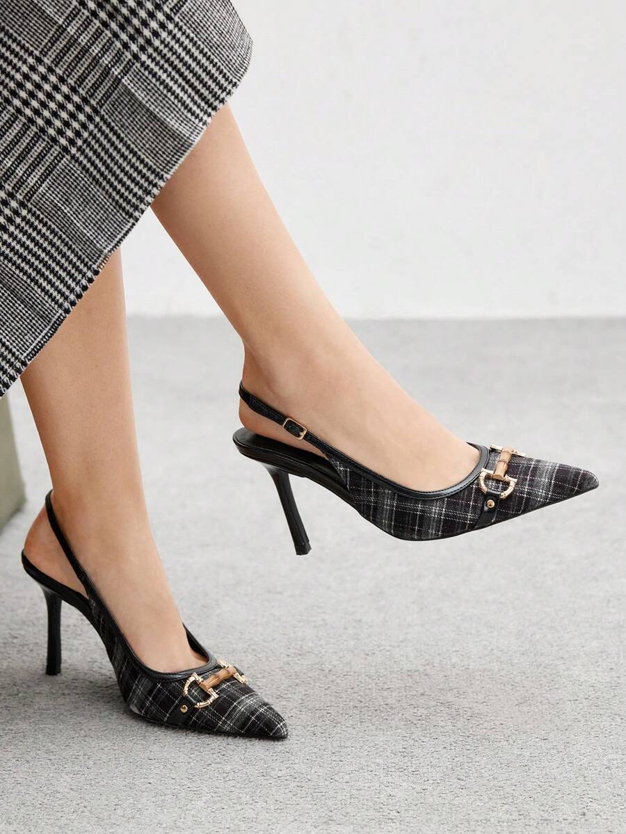 CUCCOO BIZCHIC 女士尖头金属装饰扣设计格子时尚高跟鞋 - 黑色 - 查看 1