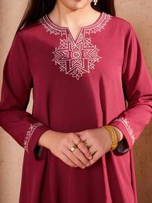 Sparklyn Tween Girl Elegant Traditional Embroidered Dress - Red Violet - View 11