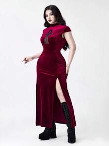 ROMWE Goth 大码女式哥特吸血鬼紧身古埃及十字架镂空高开衩连衣裙 - 酒紅色 - 查看 5