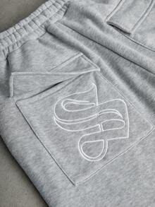 Manfinity Roghcode Men's Grey Summer Streetwear Gym Sweatpants,Solid Color Patchwork White Baggy Flare Pants,High-Quality Embroidered Design Casual Sportswear - Multicolor - View 4