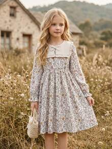 Vintaside Kids Girls' Spring & Autumn Long Sleeve Lapel Dress With Elegant Digital Print, Suitable For Mild Weather Outings, Camping, Vacations, Or Parties - Multicolor - View 5