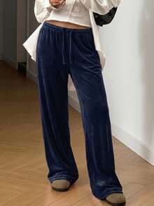 SHEIN Teen Girl Pink, Casual,Knit Loose Fit Trousers For Spring, Summer, Autumn And Winter,Home Wear - Navy Blue - View 4