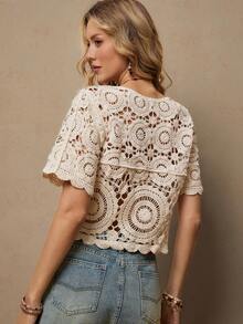 Freevana 大码女式度假休闲钩针针织毛衣 - 杏色 - 查看 2