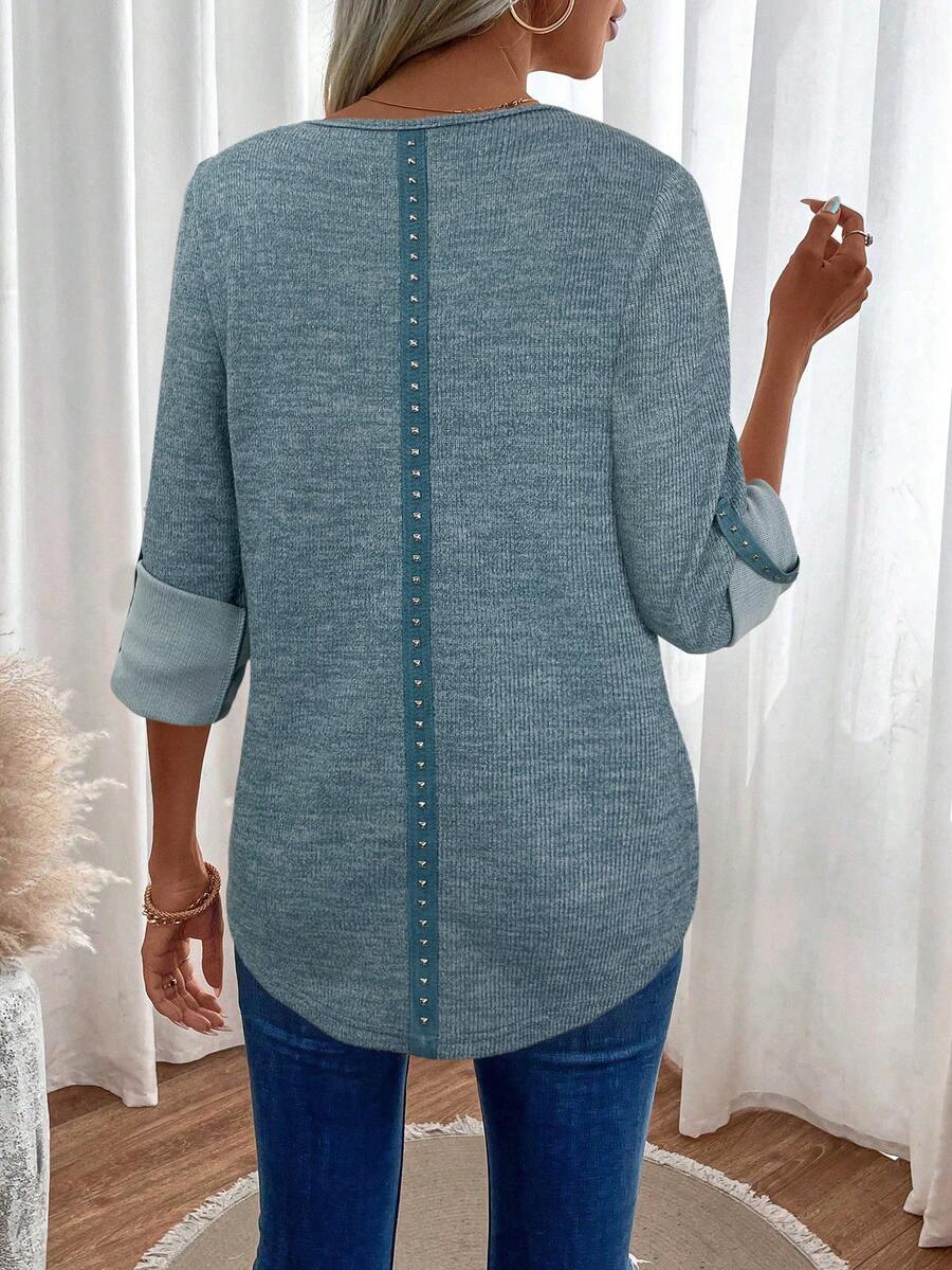 SHEIN LUNE Áo thun nữ cổ chữ V tay lửng dáng rộng thời trang - Màu xanh lam - Xem 1