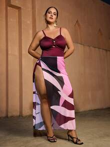 Swim Oasis New Elegant Floral Print Plus Size One-Piece Swimsuit With Skirt Cover-Up, 2-Piece Set - Red Violet - View 5