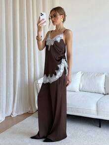 Siren Gaze 女士新款缎面蕾丝拼接吊带背心套装，秋冬款 - 棕色 - 查看 4