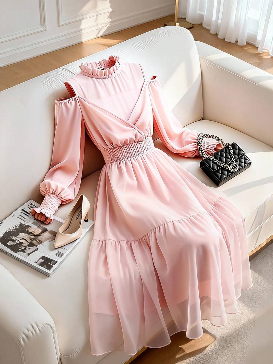 GlowEve CURVE Plus Size Elegant Commuter Solid Color Off-Shoulder Lantern Sleeve Dress - Pink - View 1