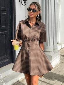 SHEIN Frenchy 女士落肩条纹前开襟时尚夏季迷你连衣裙 - 棕色 - 查看 1