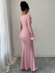 SHEIN PETITE Đầm đuôi cá ôm sát cổ lông tay dài màu trơn thanh lịch dành cho nữ mùa xuân, đa năng khi đi làm - Hồng - Xem 2