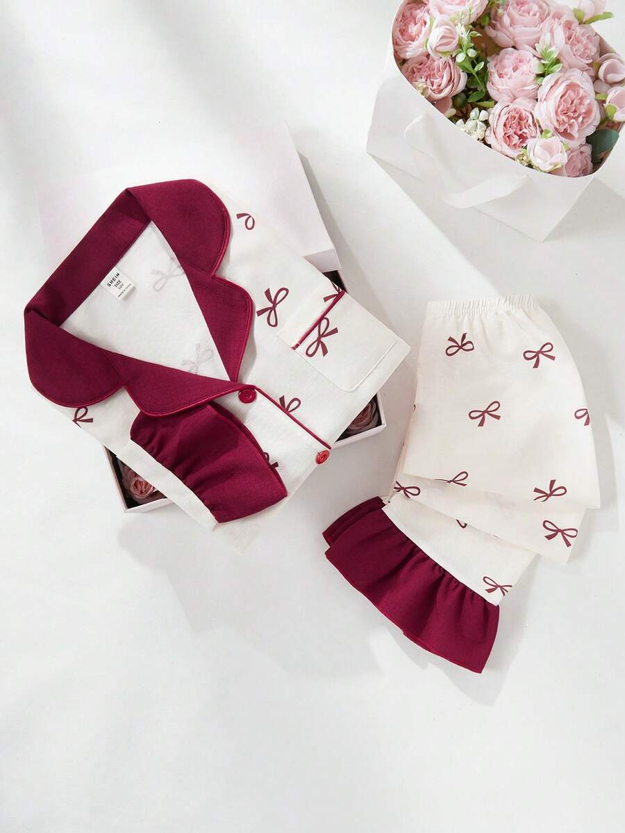 SHEIN 2件套女童蝴蝶印花长袖开衫和裤子休闲舒适家居服套装 - 彩色 - 查看 1