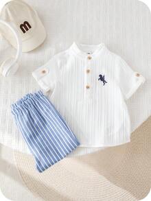 SHEIN 2pcs Baby Boy/Girl Blue White Stripe Summer Cute Family Matching Mandarin Collar White Shirt And Pants Set,Christening Outfit For Birthday Party - Multicolor - View 5