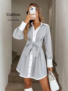 Easowa Farbblock-Patchwork-Kragen, Laternenärmel, A-Linie, langärmliges Kleid, lässig, locker, Pendler-Vintage-Stil, kurzes Damenkleid, gestreiftes Hemdkleid, Kleid mit Taillenschnürung, langärmliges Hemdkleid, adrettes Kleid, lässiges Kleid - Verschiedenfarbig - Übersicht 1