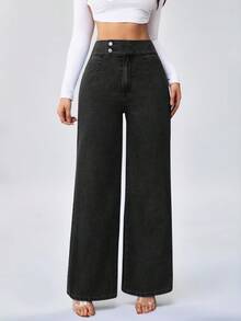 SHEIN Tall 女士高腰休闲宽松阔腿牛仔裤蓝色直筒裤高个女式牛仔裤 - 黑色 - 查看 3