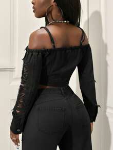 Slaydiva Women's Single-Breasted Distressed Long Sleeve Cropped Denim Jacket, Fashionable Versatile Vacation Party Off-Shoulder