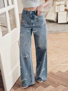 Anewsta Casual Washed Floral Embroidered Straight-Leg Jeans - Blue - View 1