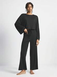 Ocili 两件套舒适柔软竹纤维针织圆领长袖上衣和裤子女士睡衣套装，适合夏季、秋季和冬季穿着 - 黑色 - 查看 2