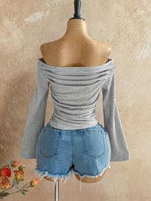 Soleia Winter Clothes For Women Winter  Beach Fashion Women's Casual Solid Color Off-Shoulder Ruched Top Off The Shoulder Top Off The Shoulder Long Sleeve Top Ribbed Top Gray Ribbed Top - Grey - View 2