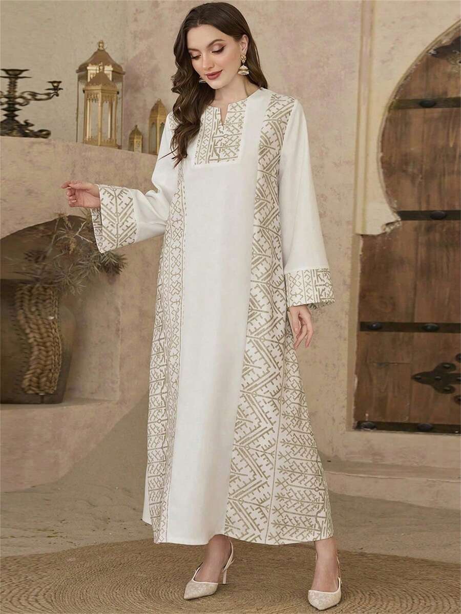 Al Najma 女士V领几何印花宽松休闲度假喇叭袖阿拉伯连衣裙 - 綠色 - 查看 1