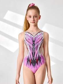 SHEIN Tween Girls Colorful Gymnastic Leotard, Exquisite Printed Pattern Leotard, Made Of High Stretch Skin-Friendly Fabric Suitable For Gymnastics Performance And Competition