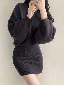 DAZY 女士休闲宽松修身毛衣连衣裙 - 深灰色 - 查看 2