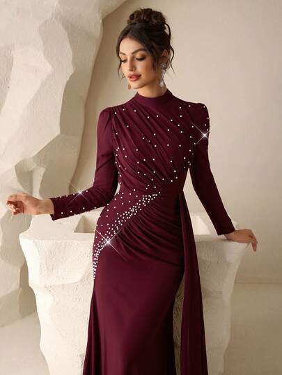 Coutiva Elegant höst- och vinterchiffong med hög hals, långa ärmar, veckad pärldesign, veckad draperad sjöjungfru, formell aftonklänning, lämplig för bröllopsgäster, examensklänning, skolklänning